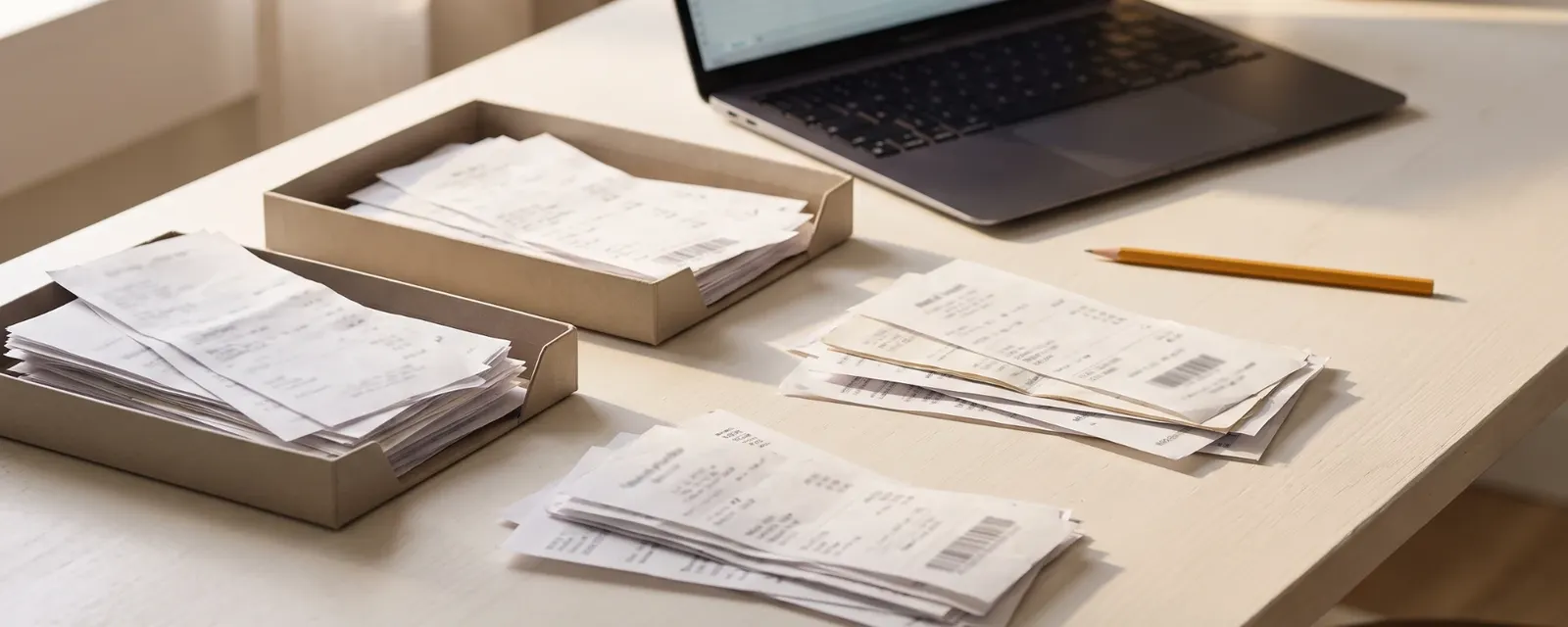 Receipts and invoices sorted into trays and piles on a desk, beside a laptop with a spreadsheet open.