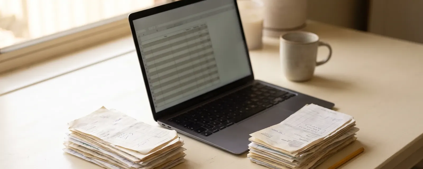 Two stacks of receipts and invoices on either side of a laptop showing a spreadsheet, on a bright desk by a window.