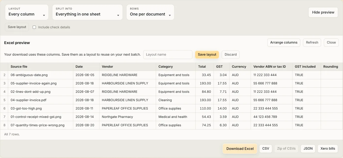 Nectabl's Excel preview: seven receipts and invoices as rows, with date, vendor, category, total, GST and ABN, and buttons to download Excel, CSV, JSON or a Xero bills file.