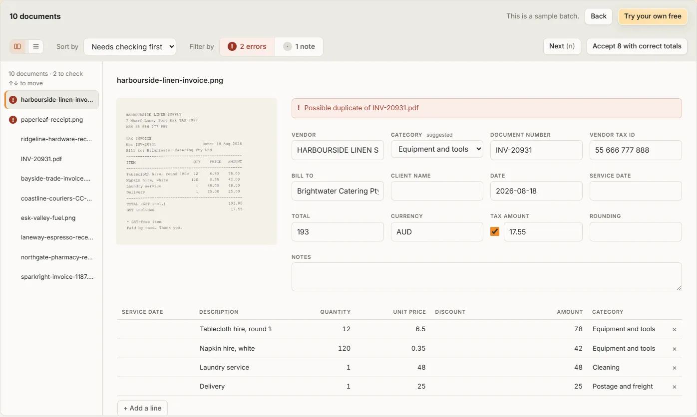 Nectabl review screen showing a linen hire invoice beside its original, with all four line items read and categorised, and a warning that it may be a duplicate of another invoice.