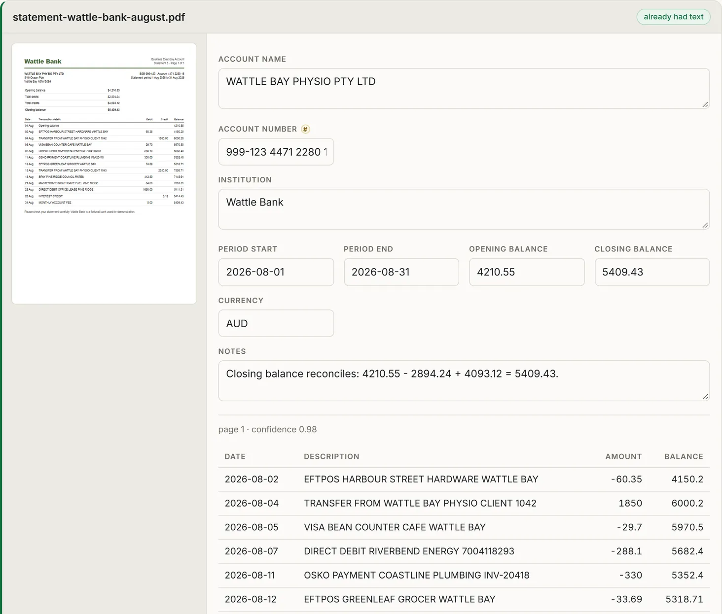 Nectabl review screen with a one-page bank statement shown beside its account name, account number, opening and closing balances, and a list of transactions with running balances.