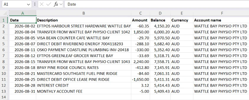 Excel spreadsheet of a month of bank transactions with date, description, amount, running balance, currency and account name.